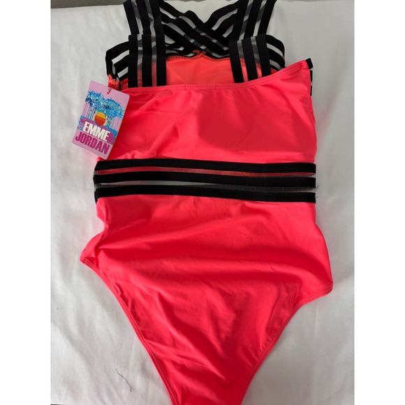 Emme Jordan One Piece Swimsuit Criss Cross Neon Pink Black Mesh Size S - Picture 3 of 5